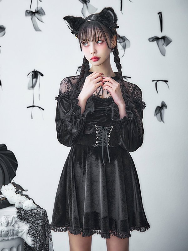 画像14: 【SALE!!】【即日発送！】【ハロウィン】ブラックキャットベロアワンピース 【コスプレ3点セット】[OF04] (14)