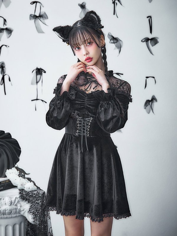 画像17: 【SALE!!】【即日発送！】【ハロウィン】ブラックキャットベロアワンピース 【コスプレ3点セット】[OF04] (17)