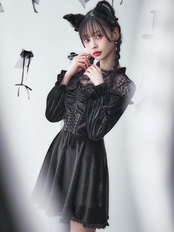 画像2: 【SALE!!】【即日発送！】【ハロウィン】ブラックキャットベロアワンピース 【コスプレ3点セット】[OF04] (2)