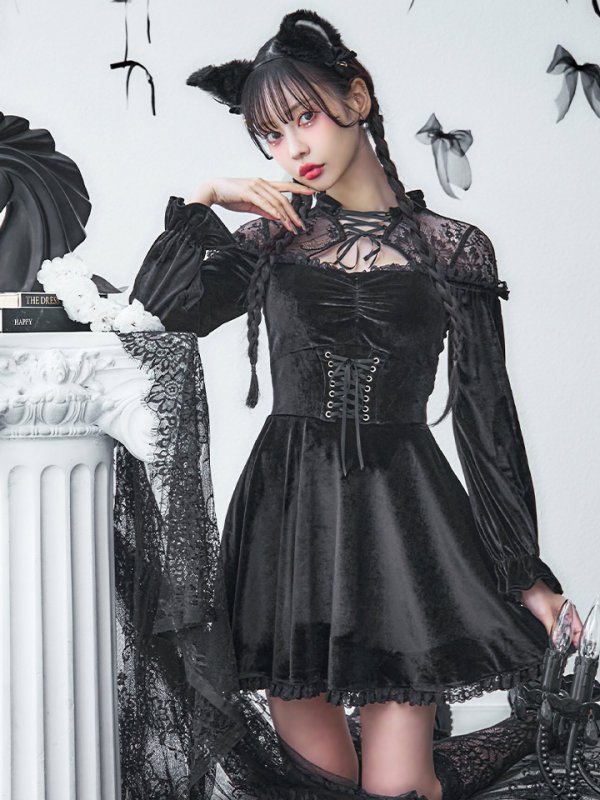 画像8: 【SALE!!】【即日発送！】【ハロウィン】ブラックキャットベロアワンピース 【コスプレ3点セット】[OF04] (8)