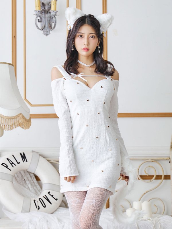 画像10: 【即日発送！】【ハロウィン】キャットスタッズオフショルワンピース 【コスプレ4点セット】【XS-XLサイズ/２カラー】[OF04] (10)