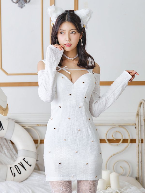 画像3: 【即日発送！】【ハロウィン】キャットスタッズオフショルワンピース 【コスプレ4点セット】【XS-XLサイズ/２カラー】[OF04] (3)