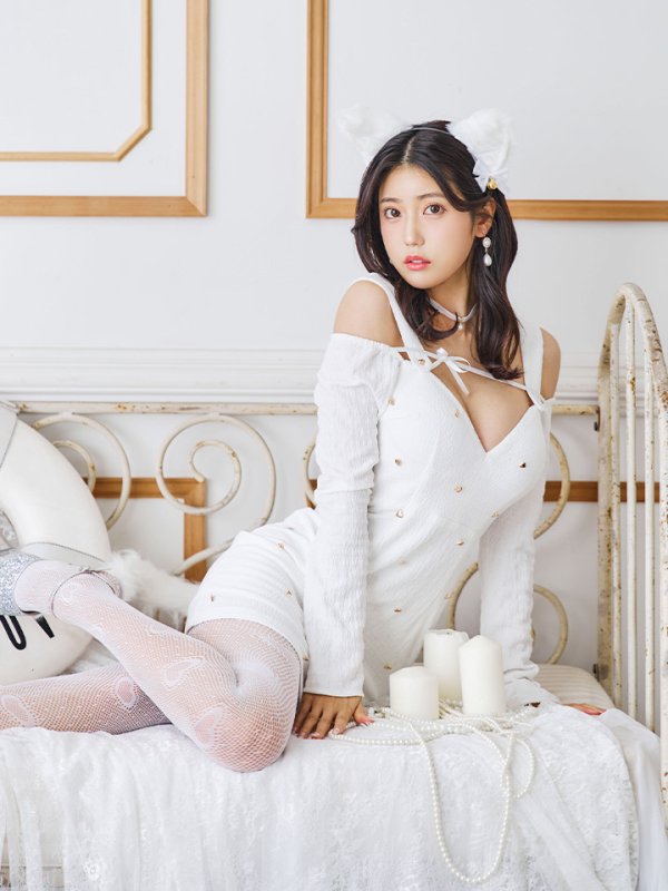 画像5: 【即日発送！】【ハロウィン】キャットスタッズオフショルワンピース 【コスプレ4点セット】【XS-XLサイズ/２カラー】[OF04] (5)