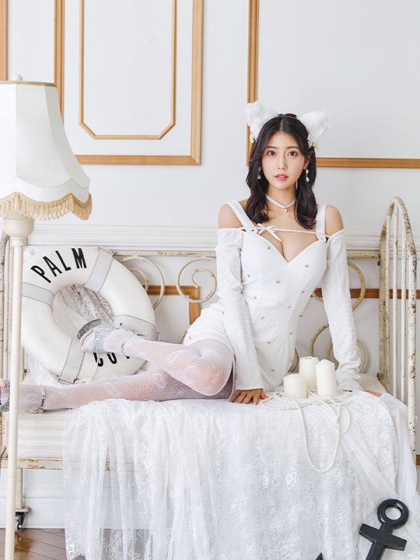 画像7: 【即日発送！】【ハロウィン】キャットスタッズオフショルワンピース 【コスプレ4点セット】【XS-XLサイズ/２カラー】[OF04] (7)