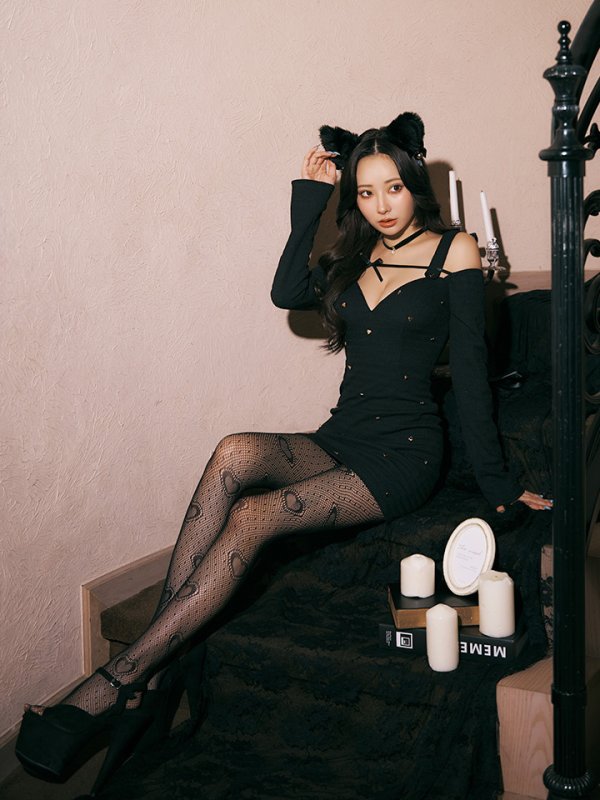 画像30: 【即日発送！】【ハロウィン】キャットスタッズオフショルワンピース 【コスプレ4点セット】【XS-XLサイズ/２カラー】[OF04] (30)