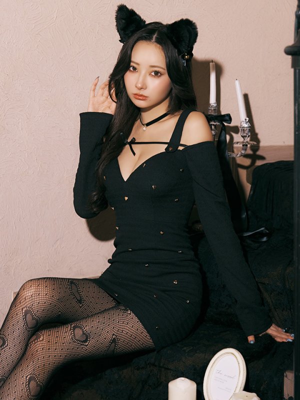 画像22: 【即日発送！】【ハロウィン】キャットスタッズオフショルワンピース 【コスプレ4点セット】【XS-XLサイズ/２カラー】[OF04] (22)