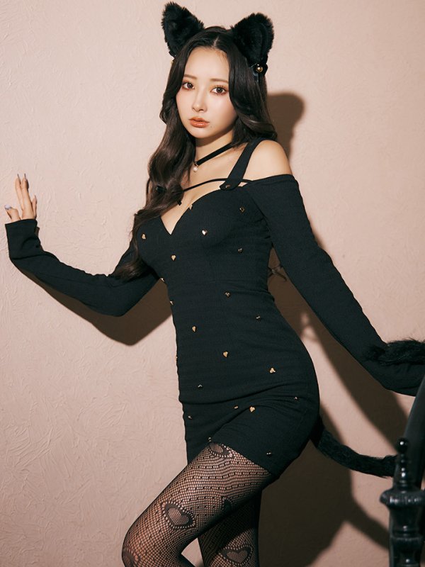 画像23: 【即日発送！】【ハロウィン】キャットスタッズオフショルワンピース 【コスプレ4点セット】【XS-XLサイズ/２カラー】[OF04] (23)