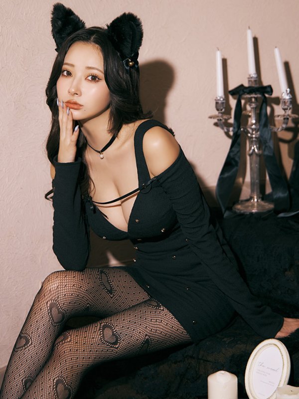 画像26: 【即日発送！】【ハロウィン】キャットスタッズオフショルワンピース 【コスプレ4点セット】【XS-XLサイズ/２カラー】[OF04] (26)
