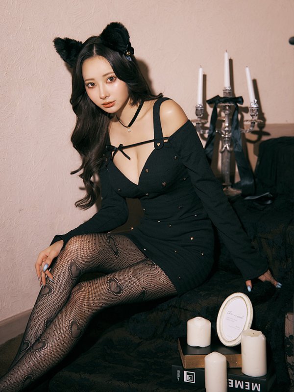 画像29: 【即日発送！】【ハロウィン】キャットスタッズオフショルワンピース 【コスプレ4点セット】【XS-XLサイズ/２カラー】[OF04] (29)