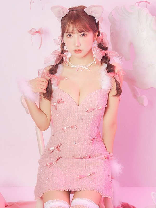 画像4: 【SALE!!】【即日発送！】【ハロウィン】猫リボンツイードワンピース 【コスプレ5点セット】 【XS-XLサイズ/2カラー】[OF01] (4)