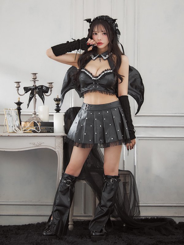 画像4: 【うづきふうかコラボ】【即日発送！】【ハロウィン】 レザーデビルセットアップ 【コスプレ6点セット】 【XS-Mサイズ/1カラー】[OF01] (4)