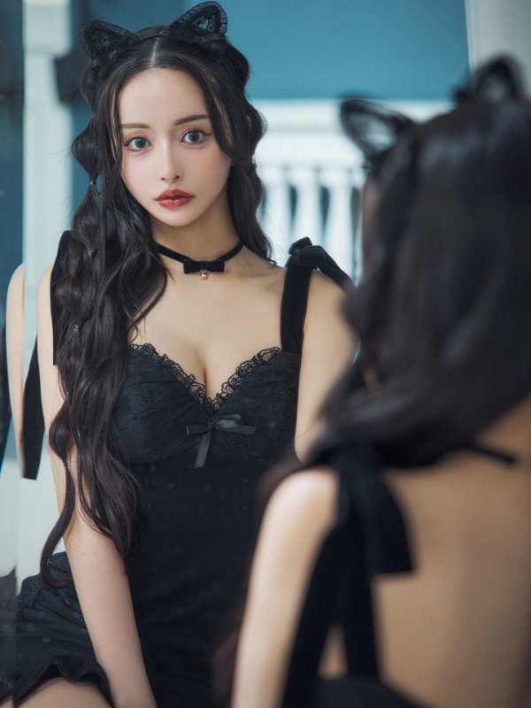 画像2: 【SALE!!】【ハロウィン】ドットレースベビードールワンピース 【コスプレ3点セット】【XS-Lサイズ/1カラー】[OF01] (2)