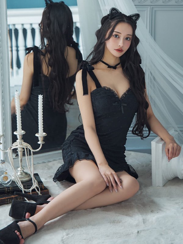 画像4: 【SALE!!】【ハロウィン】ドットレースベビードールワンピース 【コスプレ3点セット】【XS-Lサイズ/1カラー】[OF01] (4)