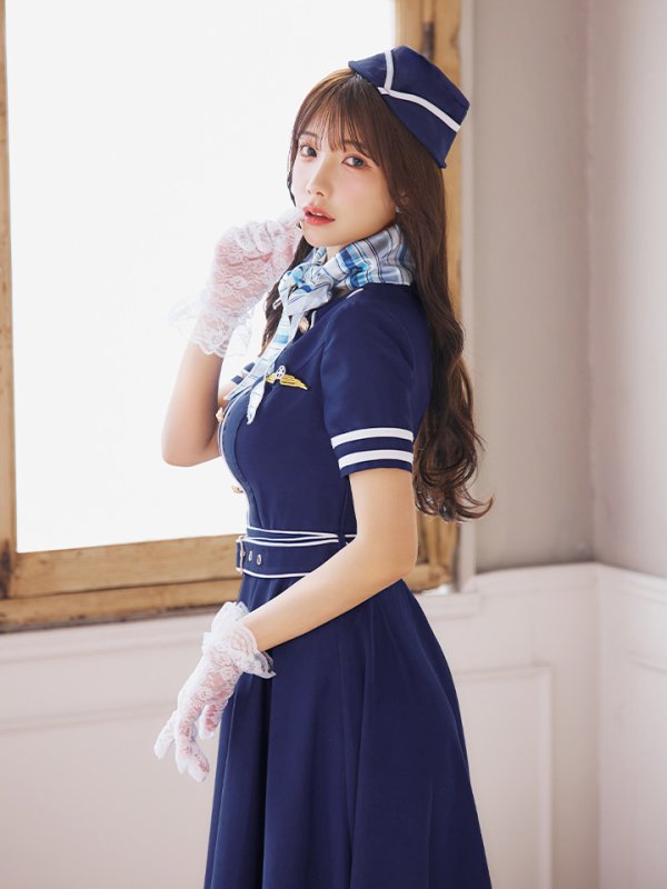 画像2: 【即日発送！】【ハロウィン】CAロングフレアワンピース 【コスプレ5点セット】 【S-XLサイズ/1カラー】[OF01] (2)