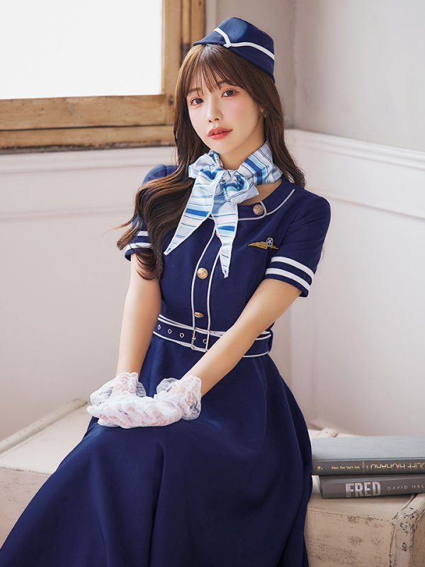 画像6: 【即日発送！】【ハロウィン】CAロングフレアワンピース 【コスプレ5点セット】 【S-XLサイズ/1カラー】[OF01] (6)