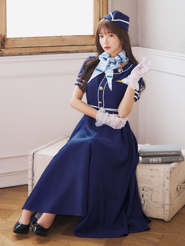 画像8: 【即日発送！】【ハロウィン】CAロングフレアワンピース 【コスプレ5点セット】 【S-XLサイズ/1カラー】[OF01] (8)