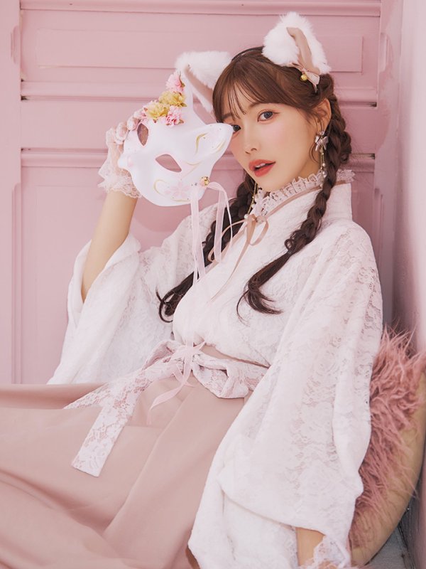 画像2: 【即日発送！】【ハロウィン】猫巫女レース袴 【コスプレ5点セット】 【FREEサイズ/2カラー】[HC03-OMN] (2)