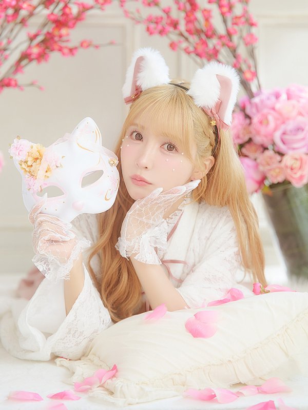 画像2: 【即日発送！】【ハロウィン】猫巫女レース袴 【コスプレ5点セット】 【FREEサイズ/2カラー】[HC03-OMN] (2)