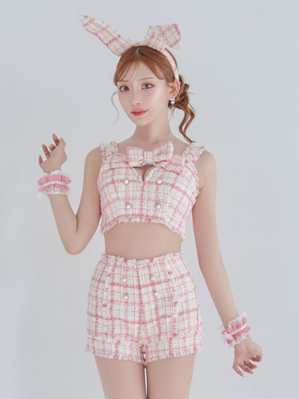 画像1: 【SALE!!】【即日発送】【ハロウィン】ツイードバニーリボンセットアップ（パンツ）【コスプレ6点セット】 【XS-Mサイズ/2カラー】[HC03] (1)