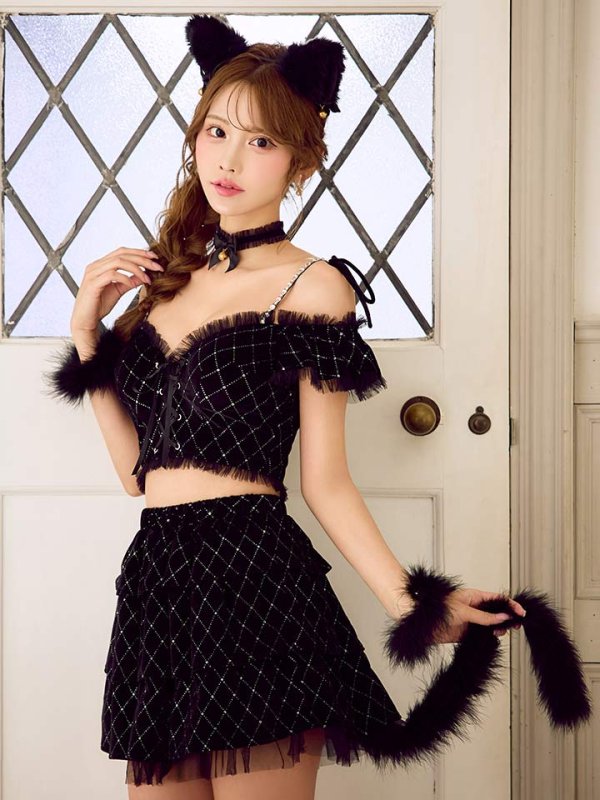 画像1: 【即日発送】【ハロウィン】キャットオフショルビジューセットアップ【コスプレ6点セット】【XS-Lサイズ/3カラー】[HC03] (1)