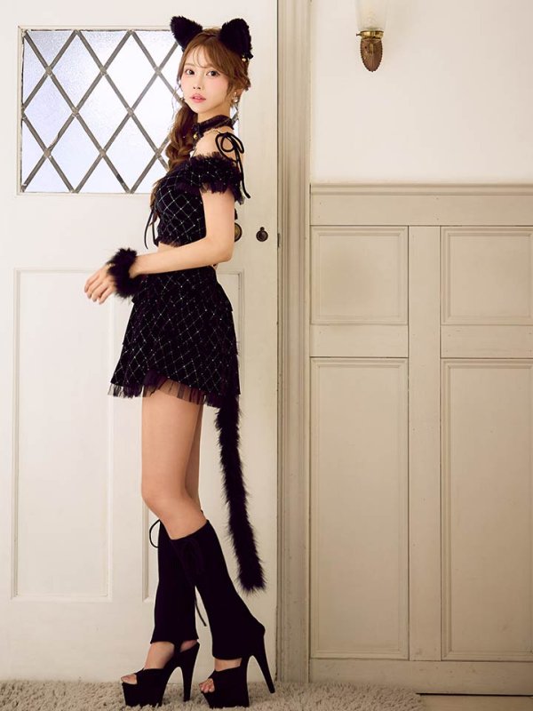 画像11: 【即日発送】【ハロウィン】キャットオフショルビジューセットアップ【コスプレ6点セット】【XS-Lサイズ/3カラー】[HC03] (11)