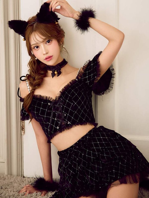 画像2: 【即日発送】【ハロウィン】キャットオフショルビジューセットアップ【コスプレ6点セット】【XS-Lサイズ/3カラー】[HC03] (2)