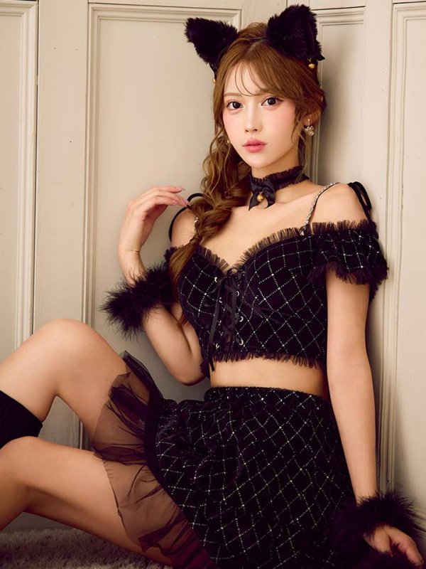画像3: 【即日発送】【ハロウィン】キャットオフショルビジューセットアップ【コスプレ6点セット】【XS-Lサイズ/3カラー】[HC03] (3)