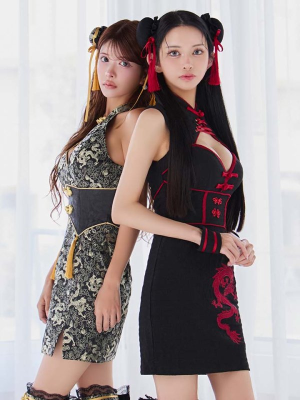 画像1: 【即日発送】【ハロウィン】 アメスリコルセットチャイナ 【コスプレ3点セット】【XS-XLサイズ/1カラー】/ シャーリングドラゴン刺繍タイトチャイナ 【コスプレ4点セット】 【XS-Lサイズ/1カラー】 (SE01YN)[OF04] (1)