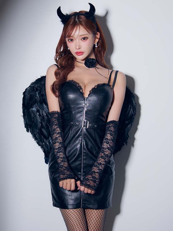画像2: 【即日発送】【ハロウィン】レザーデビルタイトワンピース【コスプレ7点セット】【XS-Lサイズ/カラー】[HC03] (2)