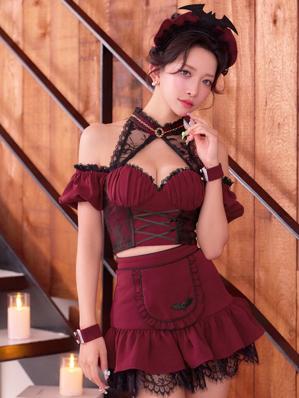 画像7: 【送料無料！】【ハロウィン】ゴシックテイストオフショル洋風メイドコスプレ / ケープ長袖リボンデビルコスプレ[OF03] (7)