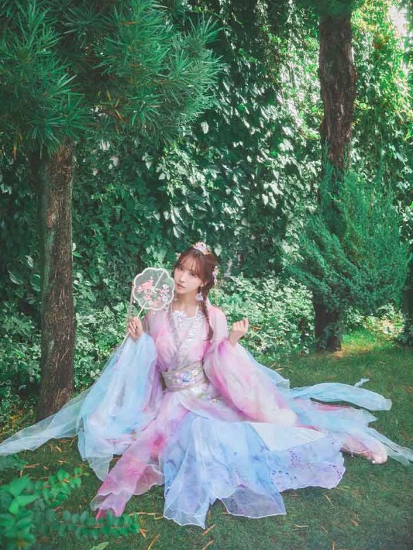 画像22: 【一部予約商品/8月下旬発送予定】【送料無料！】【ハロウィン】ピンク×ブルー花刺繍ロングシフォン漢服セット【コスプレ4点SET】【Fサイズ】[OF03]三上悠亜着用 (22)