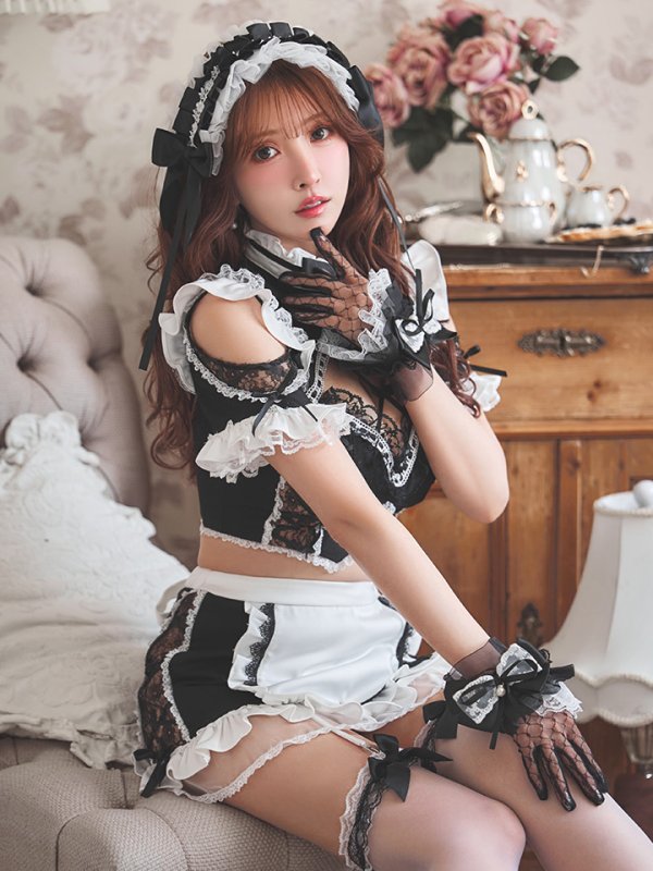画像2: 【送料無料！】【ハロウィン】リボンヘッドレースアップゴシックメイドコスプレ【コスプレ5点SET】【XS-Lサイズ】【予約/10月上旬発送予定】[OF03]三上悠亜着用 (2)