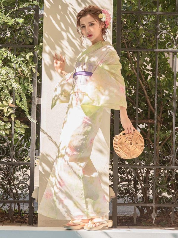 画像2: 【即日発送】【浴衣セール】【高級浴衣】黄緑地ｘ撫子模様浴衣セット[YMT] (2)
