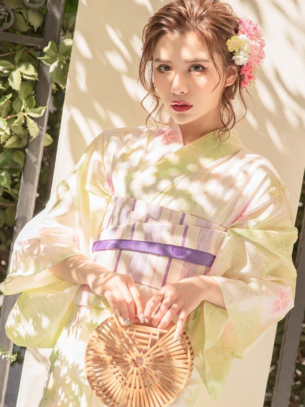 画像3: 【即日発送】【浴衣セール】【高級浴衣】黄緑地ｘ撫子模様浴衣セット[YMT] (3)