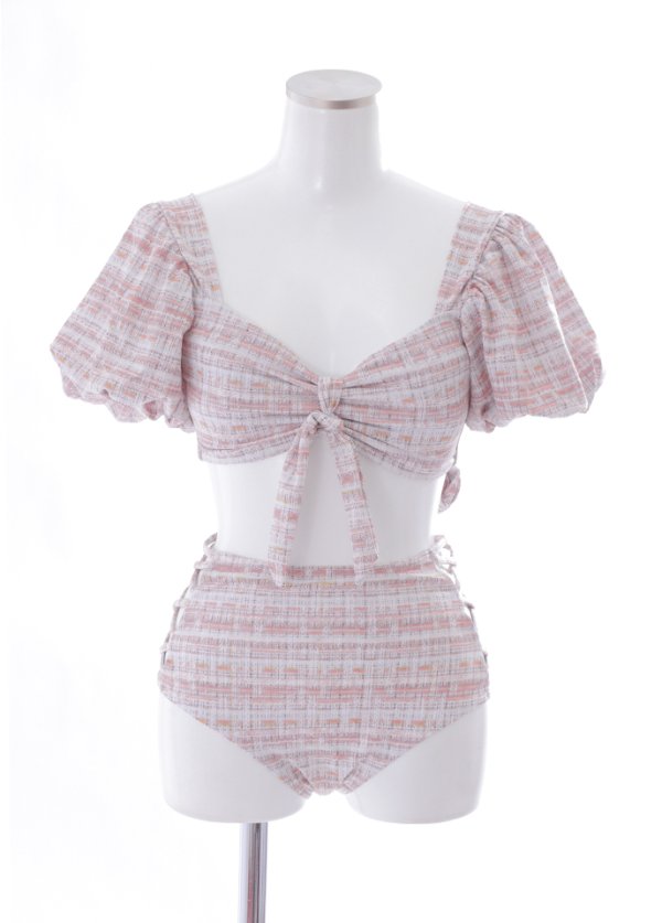 画像14: 【即日発送】【ビキニ】【水着】パフスリーブ 2way ツイードプリント ビキニ 2点セット[YMT] (14)