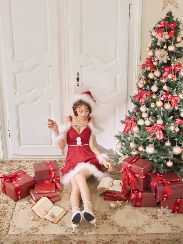 画像11: 【即日発送】【サンタ】フロントリボンオフショルフレアサンタコスプレ【コスプレ4点セット】【S-Mサイズ/1カラー】[OF03] (11)