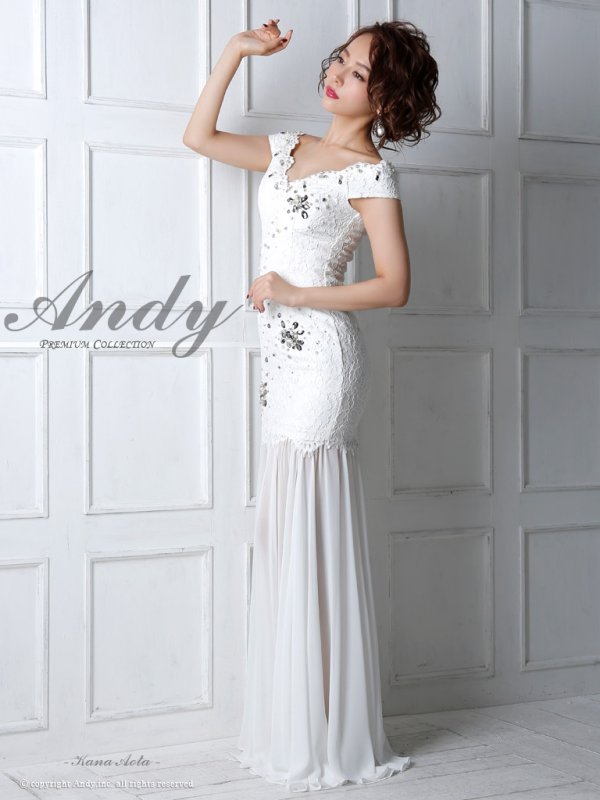 画像2: 【ANDY/アンディ】パールビジュー/シフォン切り替え/フラワーレース/ロング/キャバドレス long[OF05] (2)