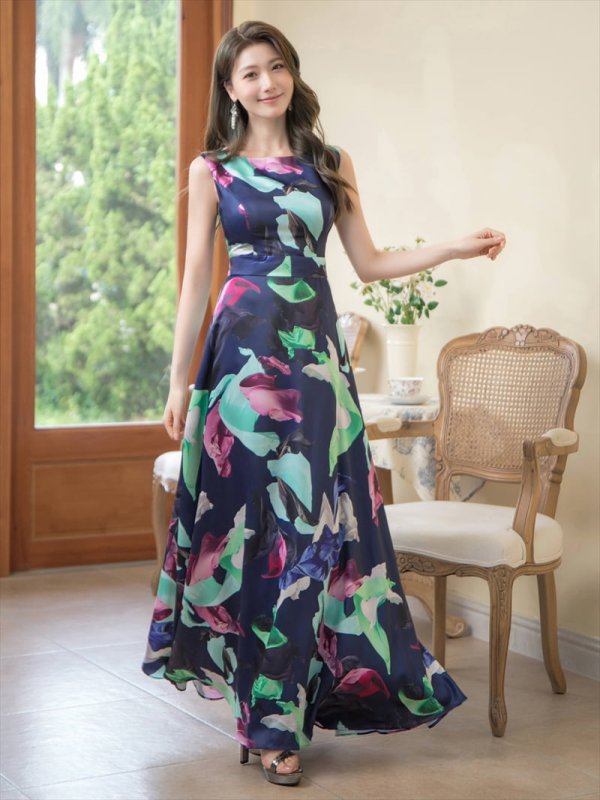 画像3: XS-Lサイズあり【ERUKEI エルケイ】Aライン/ プリント/ノースリーブ/ ワンピース/ ロングドレス / キャバドレス long[OF2] (3)