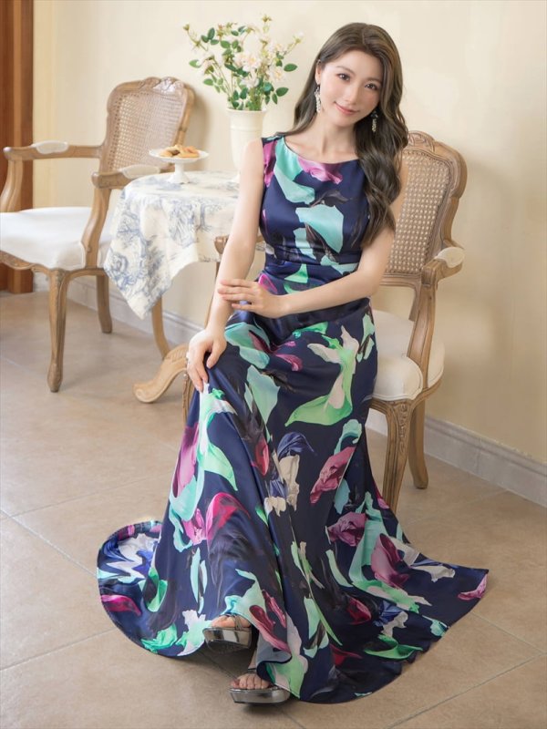 画像7: XS-Lサイズあり【ERUKEI エルケイ】Aライン/ プリント/ノースリーブ/ ワンピース/ ロングドレス / キャバドレス long[OF2] (7)