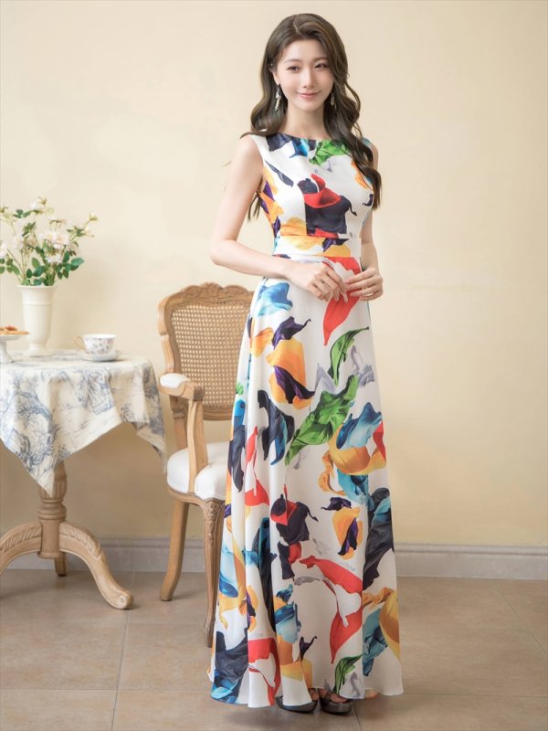 画像10: XS-Lサイズあり【ERUKEI エルケイ】Aライン/ プリント/ノースリーブ/ ワンピース/ ロングドレス / キャバドレス long[OF2] (10)