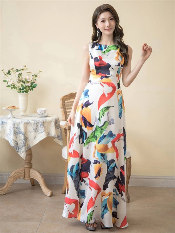 画像13: XS-Lサイズあり【ERUKEI エルケイ】Aライン/ プリント/ノースリーブ/ ワンピース/ ロングドレス / キャバドレス long[OF2] (13)