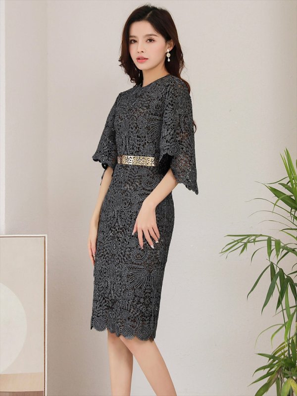 画像2: L-XLサイズあり【ERUKEI エルケイ】ケミカルレース/ ベルスリーブ/ 七分袖/ 長袖/ 袖あり/ ミディアム丈/ ワンピース/ タイト/ ミニドレス/ キャバドレス[OF2] (2)