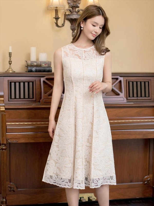 画像21: XS-Lサイズあり 【GINZA COUTURE/銀座クチュール】総レース/ パイピング/ ラインデザイン/ Aライン/ ひざ丈/ ノースリーブ/ ワンピース/ ミディアムドレス/ キャバドレス[OF2] (21)