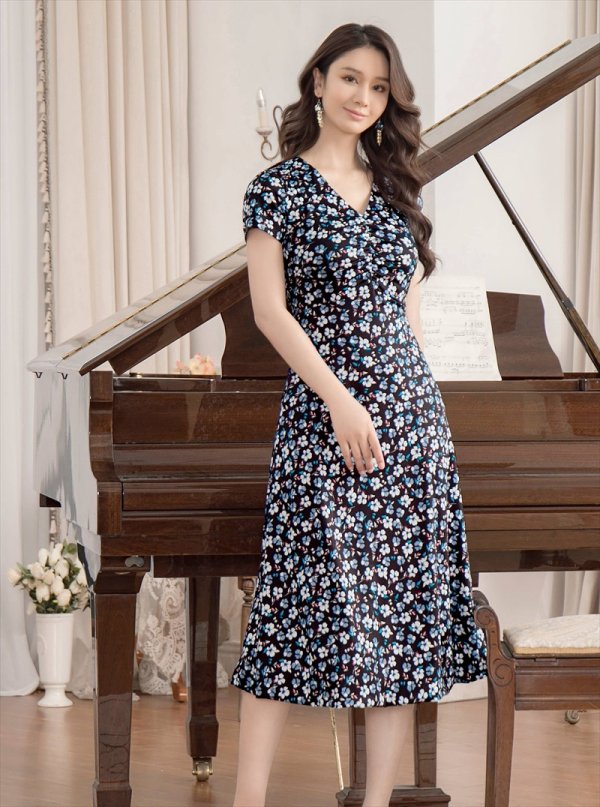 画像12: XS-Lサイズあり 【GINZA COUTURE/銀座クチュール】フラワープリント/ 半袖/ 袖あり/ Aライン/ フレア/ ワンピース/ ミディアムドレス/ キャバドレス[OF2] (12)