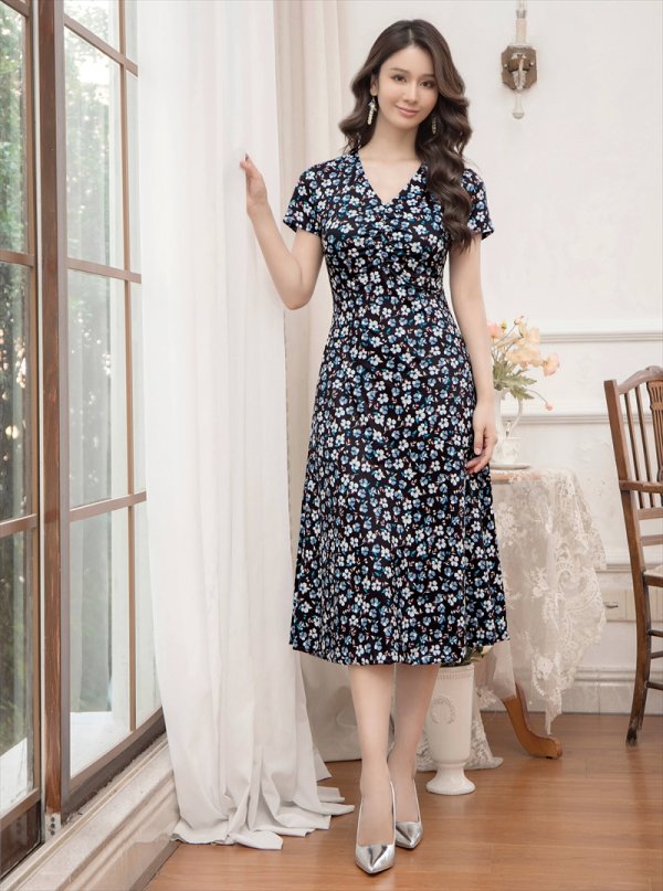 画像15: XS-Lサイズあり 【GINZA COUTURE/銀座クチュール】フラワープリント/ 半袖/ 袖あり/ Aライン/ フレア/ ワンピース/ ミディアムドレス/ キャバドレス[OF2] (15)