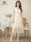 XS-Lサイズあり【GINZA COUTURE/銀座クチュール】ホワイト/ 総レース/ 半袖/ Aライン/ エレガント/ ミディアムドレス/ キャバドレス[OF2]　ホワイト