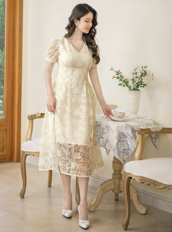 画像2: XS-Lサイズあり【GINZA COUTURE/銀座クチュール】総レース/ 半袖/ Aライン/ エレガント/ ミディアムドレス/ キャバドレス[OF2] (2)