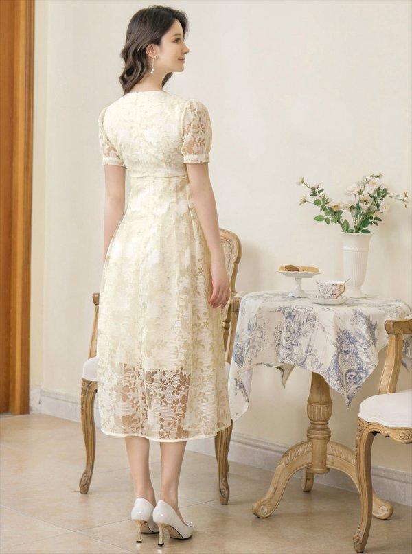 画像3: XS-Lサイズあり【GINZA COUTURE/銀座クチュール】総レース/ 半袖/ Aライン/ エレガント/ ミディアムドレス/ キャバドレス[OF2] (3)