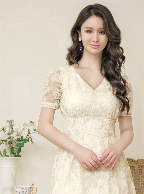 画像4: XS-Lサイズあり【GINZA COUTURE/銀座クチュール】総レース/ 半袖/ Aライン/ エレガント/ ミディアムドレス/ キャバドレス[OF2] (4)