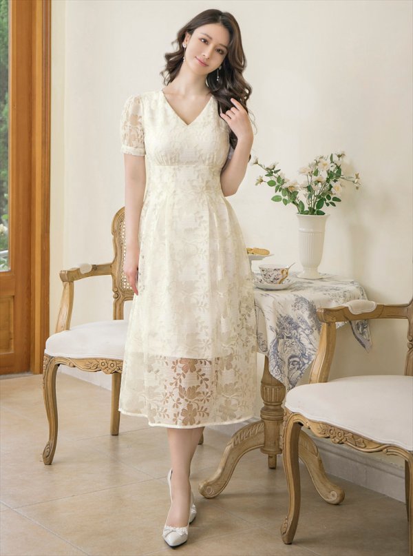 画像5: XS-Lサイズあり【GINZA COUTURE/銀座クチュール】総レース/ 半袖/ Aライン/ エレガント/ ミディアムドレス/ キャバドレス[OF2] (5)